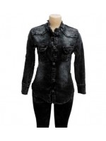 Black Long Sleeve  Acid Wash Denim  Casual Shirt Button-up Super Stretch. 