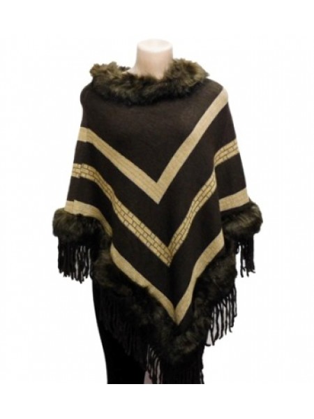 Faux Fur Collar Fringed Poncho