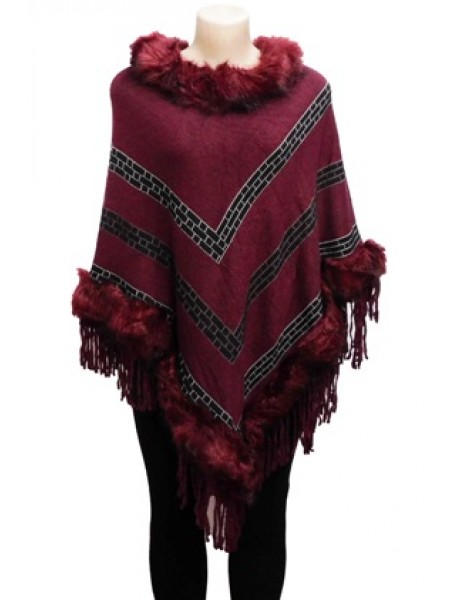 Faux Fur Collar Fringed Poncho