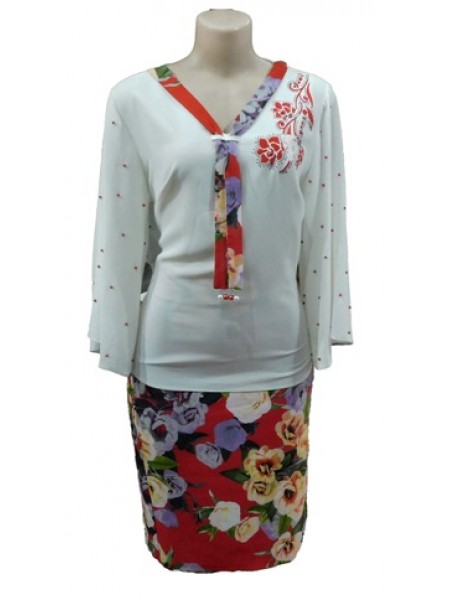 Women Fashion White Chiffon Blouse and Straight Floral Skirt.